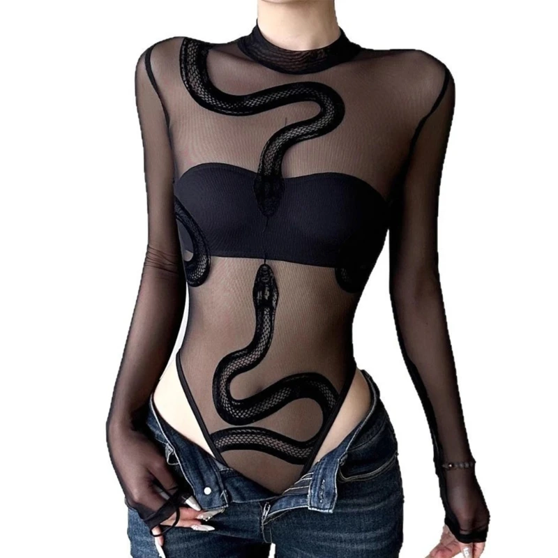 Women’s Sheer Snake Print Mesh Bodysuit - Image 7