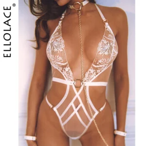 Ellolace Sexy Lace Bodysuit – Halter Deep V-Neck Babydoll Lingerie for Women