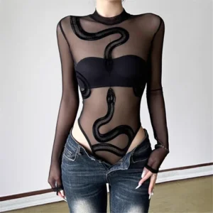 Women’s Sheer Snake Print Mesh Bodysuit