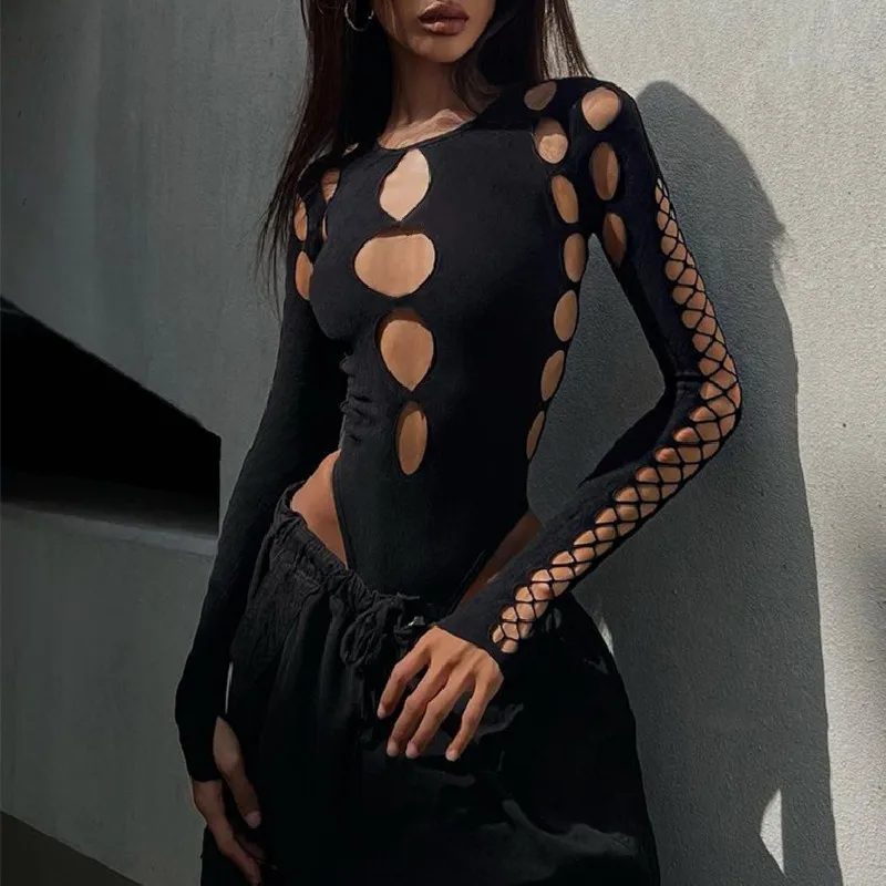 Sexy Dot Hollow Out Bodysuit – Long Sleeve - Image 3