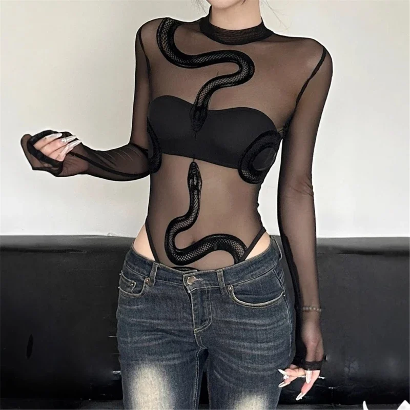 Women’s Sheer Snake Print Mesh Bodysuit - Image 2