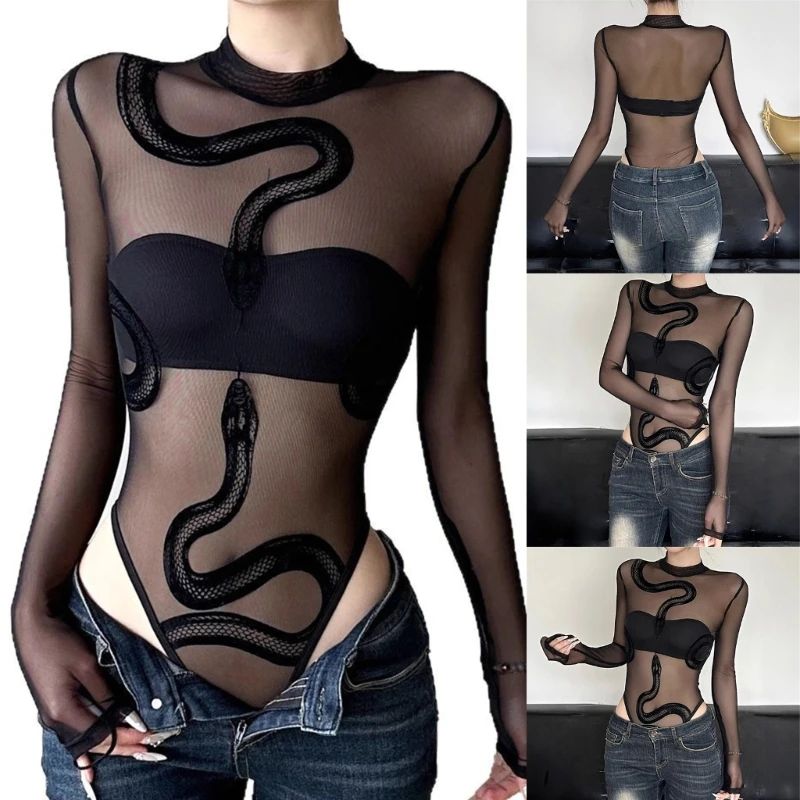 Women’s Sheer Snake Print Mesh Bodysuit - Image 5