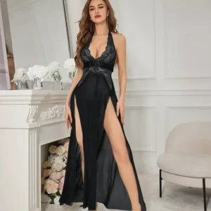 Women Sexy Lace Mesh Nightdress – Backless Strap Long Lingerie Gown with Slit