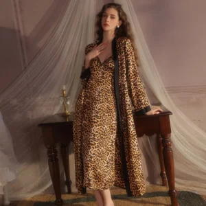 Leopard Print Sexy Robe & Nightdress Set for Women