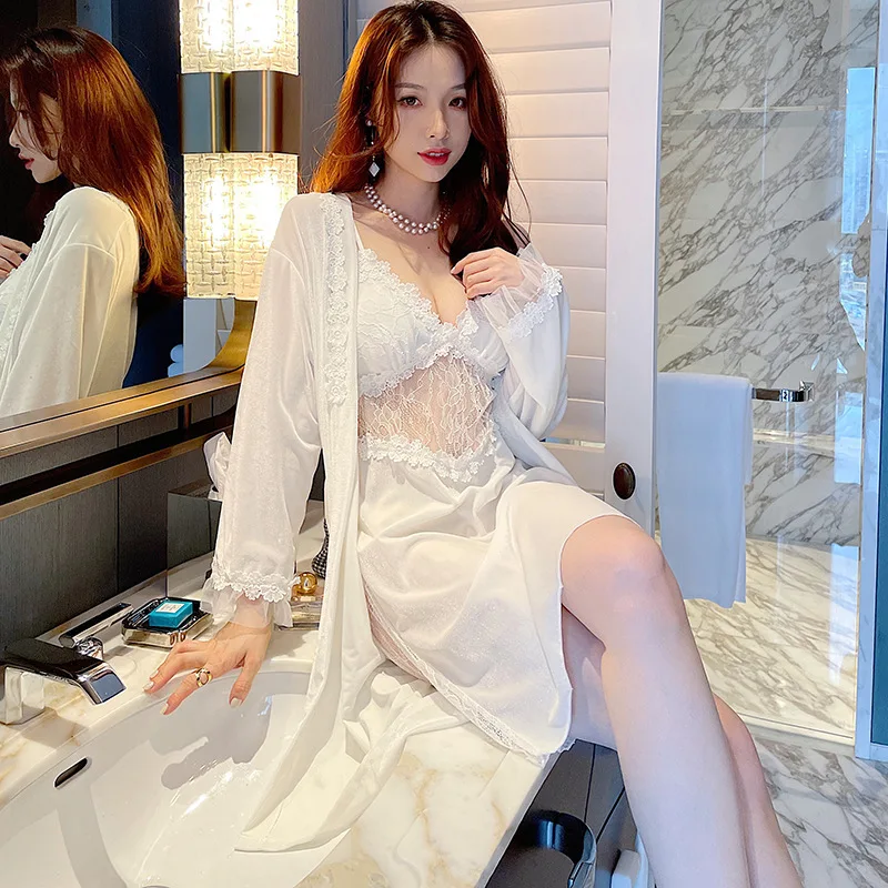 Velvet Long-Sleeve Robe & Lace Strap Nightgown Pajama Set - Image 5