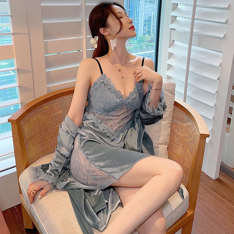 Velvet Long-Sleeve Robe & Lace Strap Nightgown Pajama Set