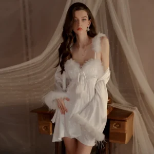 Glitter Feather Robe & Sexy Nightdress Set