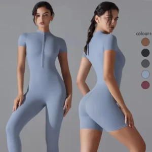 Women’s Zipper Fitness Bodysuit – Breathable Yoga & Workout Wear